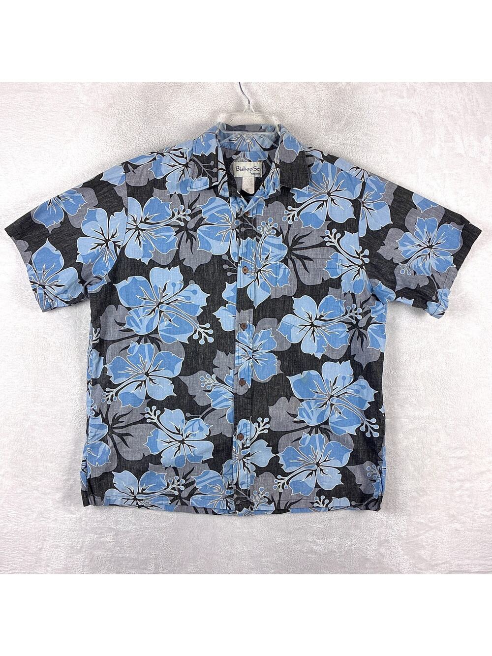 VTG Bishop St. Apparel Hawaiian Shirt Mens XL Black Blue Floral Beach Tiki USA